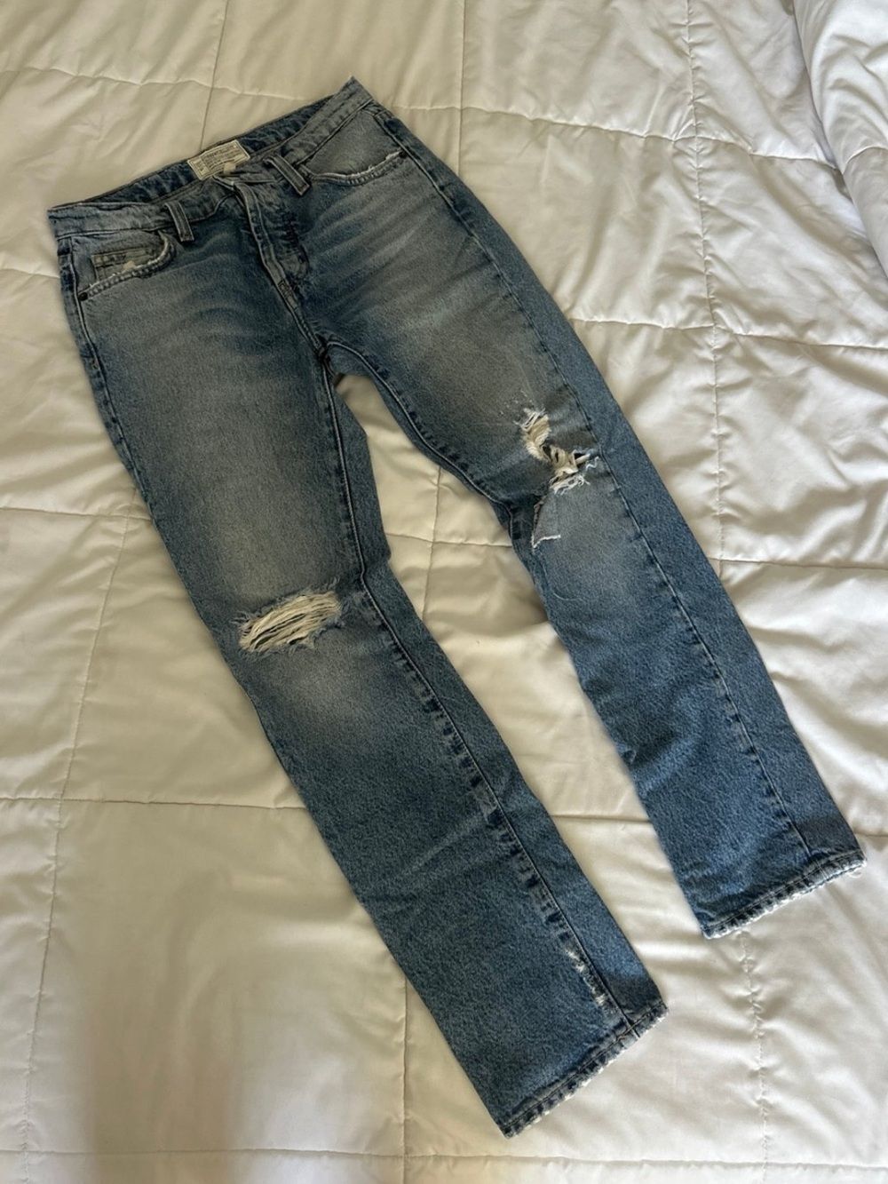 Current Elliott mid rise straight leg jeans with distressed details